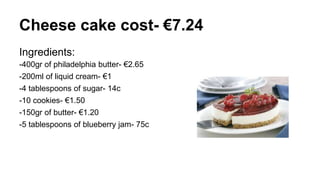 Cheese cake cost- €7.24
Ingredients:
-400gr of philadelphia butter- €2.65
-200ml of liquid cream- €1
-4 tablespoons of sugar- 14c
-10 cookies- €1.50
-150gr of butter- €1.20
-5 tablespoons of blueberry jam- 75c
 