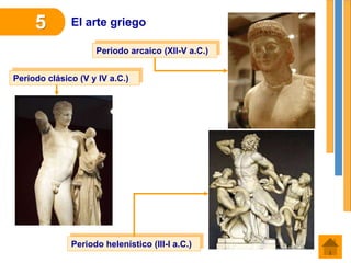 El arte griego
5
Periodo arcaico (XII-V a.C.)
Periodo clásico (V y IV a.C.)
Periodo helenístico (III-I a.C.)
 