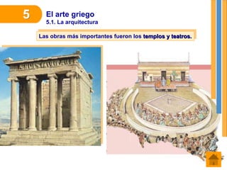 El arte griego
5.1. La arquitectura
5
Las obras más importantes fueron los templos y teatros.
 