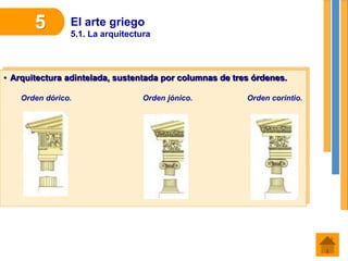 El arte griego
5.1. La arquitectura
5
• Arquitectura adintelada, sustentada por columnas de tres órdenes.
Orden dórico. Orden jónico. Orden corintio.
 