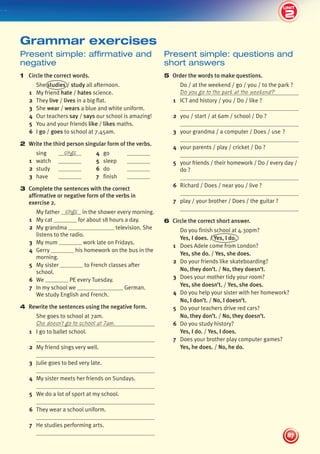 2
UNIT
87
UNIT
Present simple: questions and
short answers
5 Order the words to make questions.
Do / at the weekend / go / you / to the park ?
Do you go to the park at the weekend?
1 ICT and history / you / Do / like ?
2 you / start / at 6am / school / Do ?
3 your grandma / a computer / Does / use ?
4 your parents / play / cricket / Do ?
5 your friends / their homework / Do / every day /
do ?
6 Richard / Does / near you / live ?
7 play / your brother / Does / the guitar ?
6 Circle the correct short answer.
Do you finish school at 4.30pm?
Yes, I does. / Yes, I do.
1 Does Adele come from London?
Yes, she do. / Yes, she does.
2 Do your friends like skateboarding?
No, they don’t. / No, they doesn’t.
3 Does your mother tidy your room?
Yes, she doesn’t. / Yes, she does.
4 Do you help your sister with her homework?
No, I don’t. / No, I doesn’t.
5 Do your teachers drive red cars?
No, they don’t. / No, they doesn’t.
6 Do you study history?
Yes, I do. / Yes, I does.
7 Does your brother play computer games?
Yes, he does. / No, he do.
Present simple: affirmative and
negative
1 Circle the correct words.
She studies / study all afternoon.
1 My friend hate / hates science.
2 They live / lives in a big flat.
3 She wear / wears a blue and white uniform.
4 Our teachers say / says our school is amazing!
5 You and your friends like / likes maths.
6 I go / goes to school at 7.45am.
2 Write the third person singular form of the verbs.
sing sings 4 go
1 watch 5 sleep
2 study 6 do
3 have 7 finish
3 Complete the sentences with the correct
affirmative or negative form of the verbs in
exercise 2.
My father sings in the shower every morning.
1 My cat for about 18 hours a day.
2 My grandma television. She
listens to the radio.
3 My mum work late on Fridays.
4 Gerry his homework on the bus in the
morning.
5 My sister to French classes after
school.
6 We PE every Tuesday.
7 In my school we German.
We study English and French.
4 Rewrite the sentences using the negative form.
She goes to school at 7am.
She doesn’t go to school at 7am.
1 I go to ballet school.
2 My friend sings very well.
3 Julie goes to bed very late.
4 My sister meets her friends on Sundays.
5 We do a lot of sport at my school.
6 They wear a school uniform.
7 He studies performing arts.
Grammar exercises
2
439092_Pulse_WB1_pp081-101_CAST.indd 87 03/10/2013 14:02
 