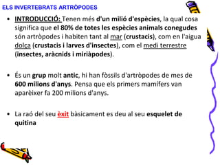 ELS INVERTEBRATS ARTRÒPODES
• INTRODUCCIÓ: Tenen més d'un milió d'espècies, la qual cosa
significa que el 80% de totes les espècies animals conegudes
són artròpodes i habiten tant al mar (crustacis), com en l'aigua
dolça (crustacis i larves d'insectes), com el medi terrestre
(insectes, aràcnids i miriàpodes).
• És un grup molt antic, hi han fòssils d'artròpodes de mes de
600 milions d'anys. Pensa que els primers mamífers van
aparèixer fa 200 milions d'anys.
• La raó del seu èxit bàsicament es deu al seu esquelet de
quitina
 