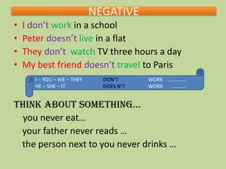 NEGATIVE
•
•
•
•

I don’t work in a school
Peter doesn’t live in a flat
They don’t watch TV three hours a day
My best friend doesn’t travel to Paris
I – YOU – WE – THEY
HE – SHE – IT

DON’T
DOES N’T

WORK …………..
WORK .………..

Think about something…
you never eat…
your father never reads …
the person next to you never drinks …

 