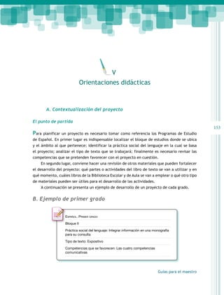 153 
Guías para el maestro 
V 
Orientaciones didácticas 
A. Contextualización del proyecto 
El punto de partida 
Para planificar un proyecto es necesario tomar como referencia los Programas de Estudio 
de Español. En primer lugar es indispensable localizar el bloque de estudios donde se ubica 
y el ámbito al que pertenece; identificar la práctica social del lenguaje en la cual se basa 
el proyecto; analizar el tipo de texto que se trabajará; finalmente es necesario revisar las 
competencias que se pretenden favorecer con el proyecto en cuestión. 
En segundo lugar, conviene hacer una revisión de otros materiales que pueden fortalecer 
el desarrollo del proyecto: qué partes o actividades del libro de texto se van a utilizar y en 
qué momento, cuáles libros de la Biblioteca Escolar y de Aula se van a emplear o qué otro tipo 
de materiales pueden ser útiles para el desarrollo de las actividades. 
A continuación se presenta un ejemplo de desarrollo de un proyecto de cada grado. 
B. Ejemplo de primer grado 
Español. Primer grado 
Bloque II 
Práctica social del lenguaje: Integrar información en una monografía 
para su consulta 
Tipo de texto: Expositivo 
Competencias que se favorecen: Las cuatro competencias 
comunicativas 
 