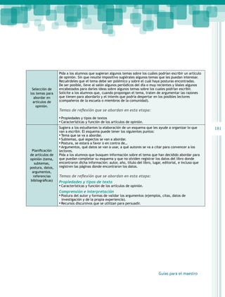 181 
Guías para el maestro 
Selección de 
los temas para 
abordar en 
artículos de 
opinión. 
Pida a los alumnos que sugieran algunos temas sobre los cuáles podrían escribir un artículo 
de opinión. Sin que resulte impositivo sugiérales algunos temas que les puedan interesar. 
Recuérdeles que el tema debe ser polémico y sobre el cuál haya posturas encontradas. 
De ser posible, lleve al salón algunos periódicos del día o muy recientes y léales algunos 
encabezados para darles ideas sobre algunos temas sobre los cuales podrían escribir. 
Solicite a los alumnos que, cuando propongan el tema, traten de argumentar las razones 
que tienen para abordarlo y el interés que podría despertar en los posibles lectores 
(compañeros de la escuela o miembros de la comunidad). 
Temas de reflexión que se abordan en esta etapa: 
● Propiedades y tipos de textos 
● Características y función de los artículos de opinión. 
Planificación 
de artículos de 
opinión (tema, 
subtemas, 
postura, datos, 
argumentos, 
referencias 
bibliográficas) 
Sugiera a los estudiantes la elaboración de un esquema que les ayude a organizar lo que 
van a escribir. El esquema puede tener los siguientes puntos: 
● Tema que se va a abordar. 
● Subtemas, qué aspectos se van a abordar. 
● Postura, se estará a favor o en contra de… 
● Argumentos, qué datos se van a usar, a qué autores se va a citar para convencer a los 
lectores. 
Pida a los alumnos que busquen información sobre el tema que han decidido abordar para 
que puedan completar su esquema y que no olviden registrar los datos del libro donde 
encontraron dicha información: autor, año, título del libro, lugar, editorial, e incluso que 
registren las páginas donde encontraron los datos. 
Temas de reflexión que se abordan en esta etapa: 
Propiedades y tipos de texto 
● Características y función de los artículos de opinión. 
Comprensión e interpretación 
● Postura del autor y formas de validar los argumentos (ejemplos, citas, datos de 
investigación y de la propia experiencia). 
● Recursos discursivos que se utilizan para persuadir. 
 