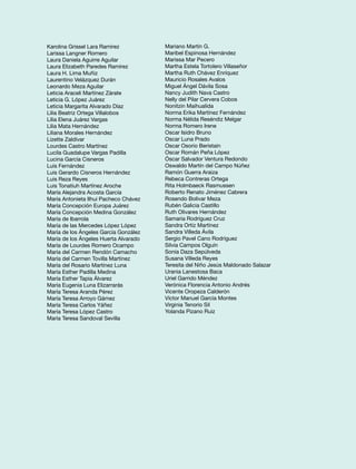 Karolina Grissel Lara Ramírez 
Larissa Langner Romero 
Laura Daniela Aguirre Aguilar 
Laura Elizabeth Paredes Ramírez 
Laura H. Lima Muñiz 
Laurentino Velázquez Durán 
Leonardo Meza Aguilar 
Leticia Araceli Martínez Zárate 
Leticia G. López Juárez 
Leticia Margarita Alvarado Díaz 
Lilia Beatriz Ortega Villalobos 
Lilia Elena Juárez Vargas 
Lilia Mata Hernández 
Liliana Morales Hernández 
Lizette Zaldívar 
Lourdes Castro Martínez 
Lucila Guadalupe Vargas Padilla 
Lucina García Cisneros 
Luis Fernández 
Luis Gerardo Cisneros Hernández 
Luis Reza Reyes 
Luis Tonatiuh Martínez Aroche 
María Alejandra Acosta García 
María Antonieta Ilhui Pacheco Chávez 
María Concepción Europa Juárez 
María Concepción Medina González 
María de Ibarrola 
María de las Mercedes López López 
María de los Ángeles García González 
María de los Ángeles Huerta Alvarado 
María de Lourdes Romero Ocampo 
María del Carmen Rendón Camacho 
María del Carmen Tovilla Martínez 
María del Rosario Martínez Luna 
María Esther Padilla Medina 
María Esther Tapia Álvarez 
María Eugenia Luna Elizarrarás 
María Teresa Aranda Pérez 
María Teresa Arroyo Gámez 
María Teresa Carlos Yáñez 
María Teresa López Castro 
María Teresa Sandoval Sevilla 
Mariano Martín G. 
Maribel Espinosa Hernández 
Marissa Mar Pecero 
Martha Estela Tortolero Villaseñor 
Martha Ruth Chávez Enríquez 
Mauricio Rosales Avalos 
Miguel Ángel Dávila Sosa 
Nancy Judith Nava Castro 
Nelly del Pilar Cervera Cobos 
Nonitzin Maihualida 
Norma Erika Martínez Fernández 
Norma Nélida Reséndiz Melgar 
Norma Romero Irene 
Oscar Isidro Bruno 
Oscar Luna Prado 
Oscar Osorio Beristain 
Oscar Román Peña López 
Óscar Salvador Ventura Redondo 
Oswaldo Martín del Campo Núñez 
Ramón Guerra Araiza 
Rebeca Contreras Ortega 
Rita Holmbaeck Rasmussen 
Roberto Renato Jiménez Cabrera 
Rosendo Bolivar Meza 
Rubén Galicia Castillo 
Ruth Olivares Hernández 
Samaria Rodríguez Cruz 
Sandra Ortiz Martínez 
Sandra Villeda Ávila 
Sergio Pavel Cano Rodríguez 
Silvia Campos Olguín 
Sonia Daza Sepúlveda 
Susana Villeda Reyes 
Teresita del Niño Jesús Maldonado Salazar 
Urania Lanestosa Baca 
Uriel Garrido Méndez 
Verónica Florencia Antonio Andrés 
Vicente Oropeza Calderón 
Víctor Manuel García Montes 
Virginia Tenorio Sil 
Yolanda Pizano Ruiz 
