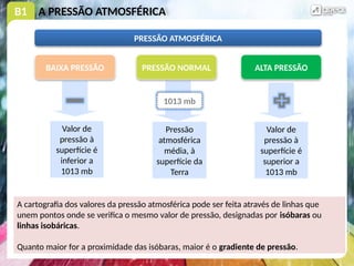 B1 A PRESSÃO ATMOSFÉRICA
PRESSÃO ATMOSFÉRICA
PRESSÃO NORMAL ALTA PRESSÃO
BAIXA PRESSÃO
1013 mb
Pressão
atmosférica
média, à
superfície da
Terra
Valor de
pressão à
superfície é
superior a
1013 mb
Valor de
pressão à
superfície é
inferior a
1013 mb
A cartografia dos valores da pressão atmosférica pode ser feita através de linhas que
unem pontos onde se verifica o mesmo valor de pressão, designadas por isóbaras ou
linhas isobáricas.
Quanto maior for a proximidade das isóbaras, maior é o gradiente de pressão.
 