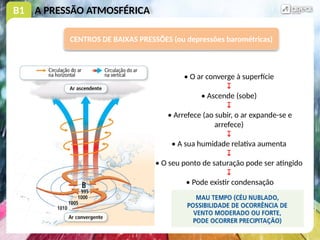 B1 A PRESSÃO ATMOSFÉRICA
CENTROS DE BAIXAS PRESSÕES (ou depressões barométricas)
• O ar converge à superfície
↧
• Ascende (sobe)
↧
• Arrefece (ao subir, o ar expande-se e
arrefece)
↧
• A sua humidade relativa aumenta
↧
• O seu ponto de saturação pode ser atingido
↧
• Pode existir condensação
 