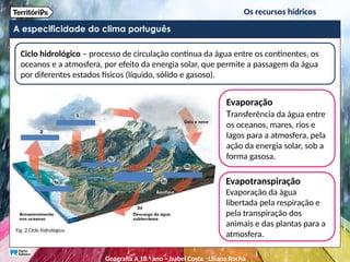 A especificidade do clima português
Fig. 2 Ciclo hidrológico.
Ciclo hidrológico – processo de circulação contínua da água entre os continentes, os
oceanos e a atmosfera, por efeito da energia solar, que permite a passagem da água
por diferentes estados físicos (líquido, sólido e gasoso).
Evaporação
Transferência da água entre
os oceanos, mares, rios e
lagos para a atmosfera, pela
ação da energia solar, sob a
forma gasosa.
Evapotranspiração
Evaporação da água
libertada pela respiração e
pela transpiração dos
animais e das plantas para a
atmosfera.
Os recursos hídricos
Geografia A 10.o
ano – Isabel Costa ꞏ Liliana Rocha
 