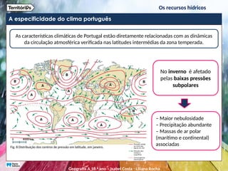 A especificidade do clima português
As características climáticas de Portugal estão diretamente relacionadas com as dinâmicas
da circulação atmosférica verificada nas latitudes intermédias da zona temperada.
Fig. 8 Distribuição dos centros de pressão em latitude, em janeiro.
No inverno é afetado
pelas baixas pressões
subpolares
– Maior nebulosidade
– Precipitação abundante
– Massas de ar polar
(marítimo e continental)
associadas
Os recursos hídricos
Geografia A 10.o
ano – Isabel Costa ꞏ Liliana Rocha
 