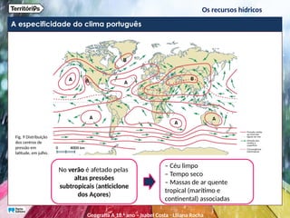A especificidade do clima português
Fig. 9 Distribuição
dos centros de
pressão em
latitude, em julho.
No verão é afetado pelas
altas pressões
subtropicais (anticiclone
dos Açores)
– Céu limpo
– Tempo seco
– Massas de ar quente
tropical (marítimo e
continental) associadas
Os recursos hídricos
Geografia A 10.o
ano – Isabel Costa ꞏ Liliana Rocha
 