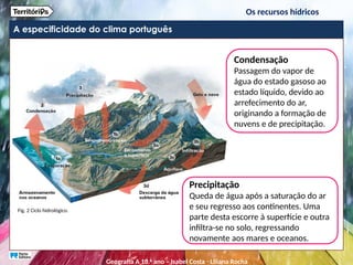 A especificidade do clima português
Fig. 2 Ciclo hidrológico.
Condensação
Passagem do vapor de
água do estado gasoso ao
estado líquido, devido ao
arrefecimento do ar,
originando a formação de
nuvens e de precipitação.
Precipitação
Queda de água após a saturação do ar
e seu regresso aos continentes. Uma
parte desta escorre à superfície e outra
infiltra-se no solo, regressando
novamente aos mares e oceanos.
Os recursos hídricos
Geografia A 10.o
ano – Isabel Costa ꞏ Liliana Rocha
 