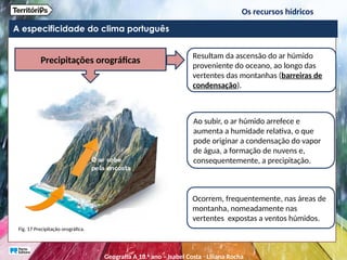 A especificidade do clima português
Fig. 17 Precipitação orográfica.
Precipitações orográficas
Ao subir, o ar húmido arrefece e
aumenta a humidade relativa, o que
pode originar a condensação do vapor
de água, a formação de nuvens e,
consequentemente, a precipitação.
Resultam da ascensão do ar húmido
proveniente do oceano, ao longo das
vertentes das montanhas (barreiras de
condensação).
Ocorrem, frequentemente, nas áreas de
montanha, nomeadamente nas
vertentes expostas a ventos húmidos.
Os recursos hídricos
Geografia A 10.o
ano – Isabel Costa ꞏ Liliana Rocha
 