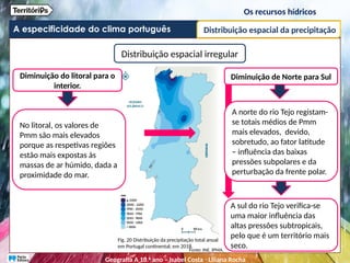 A especificidade do clima português
Os recursos hídricos
Distribuição espacial da precipitação
Fig. 20 Distribuição da precipitação total anual
em Portugal continental, em 2018.
Fonte: INE, IPMA.
Distribuição espacial irregular
Diminuição de Norte para Sul
A norte do rio Tejo registam-
se totais médios de Pmm
mais elevados, devido,
sobretudo, ao fator latitude
– influência das baixas
pressões subpolares e da
perturbação da frente polar.
A sul do rio Tejo verifica-se
uma maior influência das
altas pressões subtropicais,
pelo que é um território mais
seco.
Diminuição do litoral para o
interior.
No litoral, os valores de
Pmm são mais elevados
porque as respetivas regiões
estão mais expostas às
massas de ar húmido, dada a
proximidade do mar.
Geografia A 10.o
ano – Isabel Costa ꞏ Liliana Rocha
 