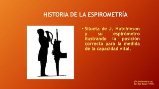 HISTORIA DE LA ESPIROMETRÍA
• Silueta de J. Hutchinson
y su espirómetro
ilustrando la posición
correcta para la medida
de la capacidad vital.
(Th.Similowski y col.
Rev Mal Respir 1997)
 