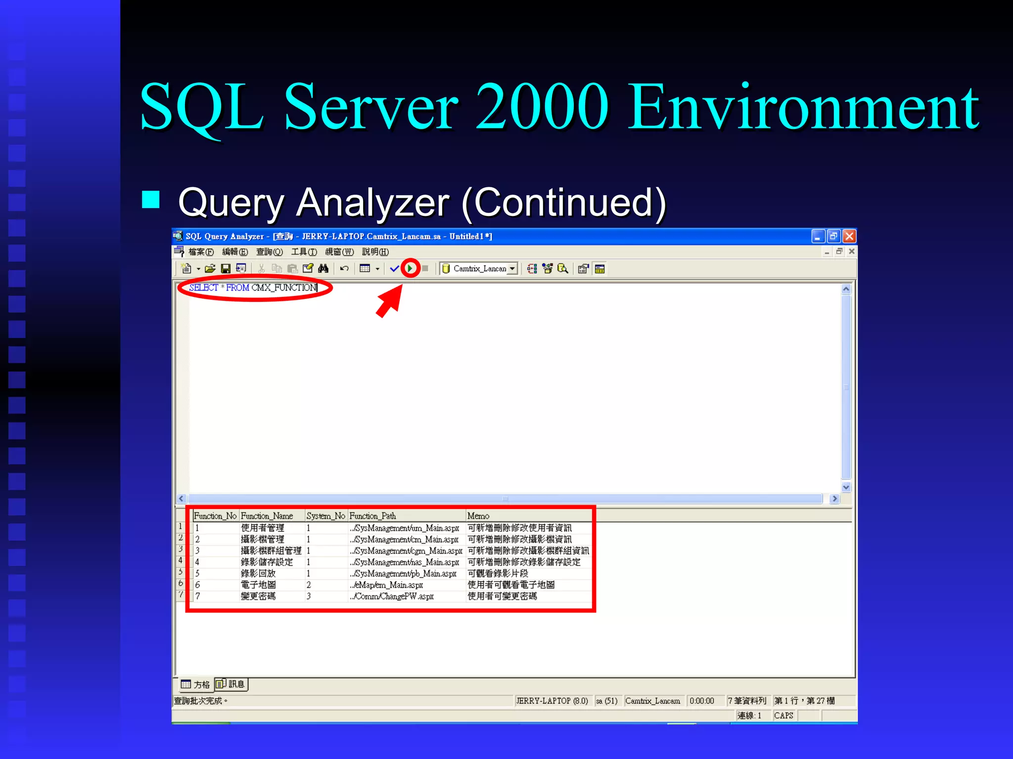 Query Analyzer (Continued) SQL Server 2000 Environment 