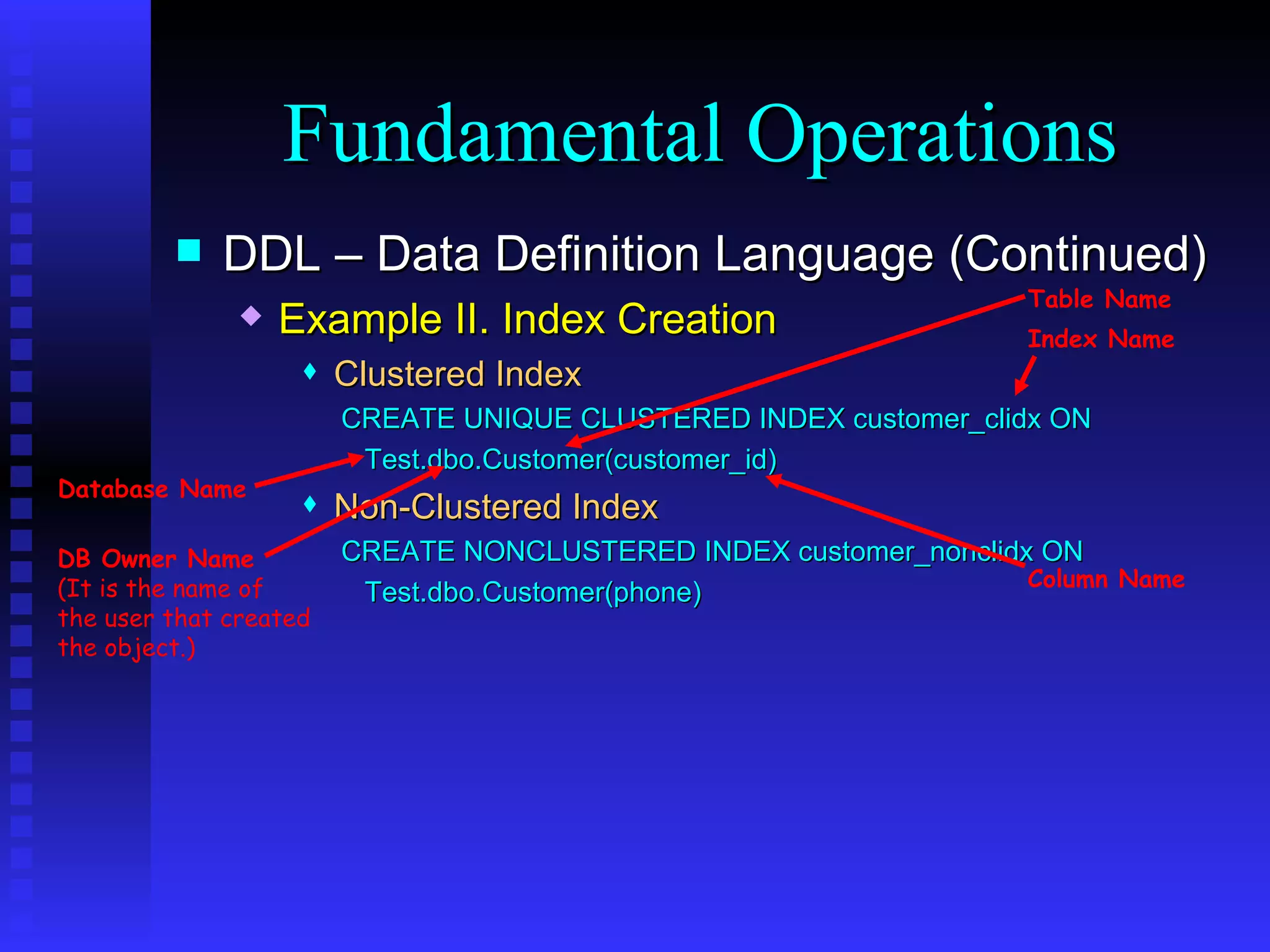 DDL – Data Definition Language (Continued) Example II. Index Creation Clustered Index CREATE UNIQUE CLUSTERED INDEX customer_clidx ON  Test.dbo.Customer(customer_id) Non-Clustered Index CREATE NONCLUSTERED INDEX customer_nonclidx ON  Test.dbo.Customer(phone) Fundamental Operations Database Name DB Owner Name (It is the name of  the user that created the object.) Table Name Column Name Index Name 
