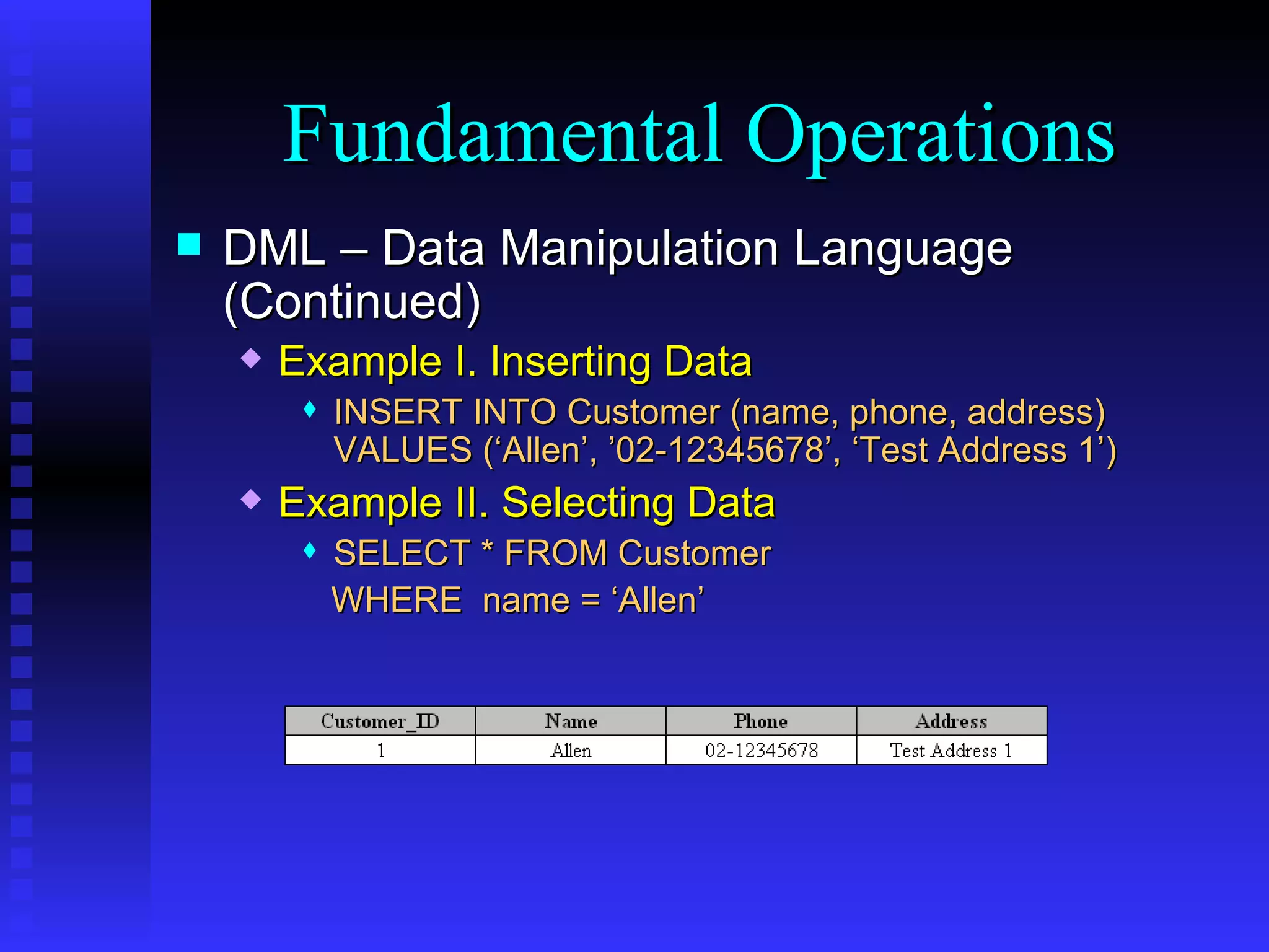 DML – Data Manipulation Language (Continued) Example I. Inserting Data INSERT INTO Customer (name, phone, address) VALUES (‘Allen’, ’02-12345678’, ‘Test Address 1’) Example II. Selecting Data SELECT * FROM Customer WHERE  name = ‘Allen’ Fundamental Operations 