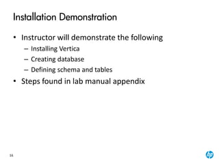 16
Installation Demonstration
• Instructor will demonstrate the following
– Installing Vertica
– Creating database
– Defining schema and tables
• Steps found in lab manual appendix
 