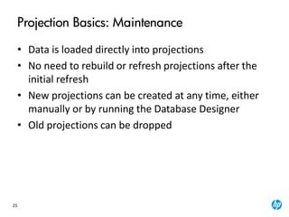 25
Projection Basics: Maintenance
• Data is loaded directly into projections
• No need to rebuild or refresh projections after the
initial refresh
• New projections can be created at any time, either
manually or by running the Database Designer
• Old projections can be dropped
 