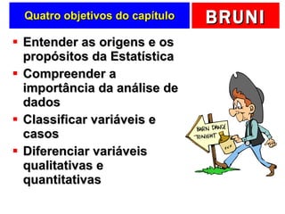 Quatro objetivos do capítulo Entender as origens e os propósitos da Estatística Compreender a importância da análise de dados Classificar variáveis e casos Diferenciar variáveis qualitativas e quantitativas 