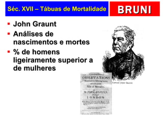 Séc. XVII – Tábuas de Mortalidade John Graunt Análises de nascimentos e mortes % de homens ligeiramente superior a de mulheres 