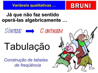 Variáveis qualitativas … Já que não faz sentido operá-las algebricamente … Síntese Contagem Tabulação Construção de tabelas de freqüência 