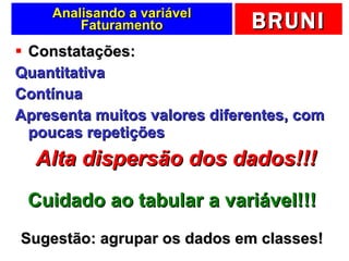 Analisando a variável Faturamento Constatações:  Quantitativa Contínua Apresenta muitos valores diferentes, com poucas repetições Alta dispersão dos dados!!! Cuidado ao tabular a variável!!! Sugestão: agrupar os dados em classes! 