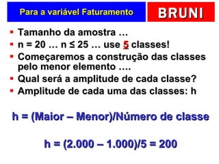 Para a variável Faturamento Tamanho da amostra … n = 20 … n  ≤ 25 … use  5  classes! Começaremos a construção das classes pelo menor elemento …. Qual será a amplitude de cada classe? Amplitude de cada uma das classes: h h = (Maior – Menor)/Número de classe h = (2.000 – 1.000)/5 = 200 