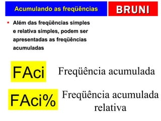 Acumulando as freqüências Além das freqüências simples e relativa simples, podem ser apresentadas as freqüências acumuladas FAci FAci% Freqüência acumulada Freqüência acumulada relativa 