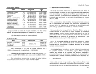 Diseño de Plantas
9/13
Otros costos directos
Ítem Factor Referencia
$
Costo
$
Tuberías de Proceso 0,3 125.669.463,09 37.700.839,93
Instrumentación 0,15 125.669.463,09 18.850.419,46
Aislamiento 0,2 37.701.788,40 7.540.167,79
Edificios 0,3 96.668.818,76 29.000.645,33
Pinturas y terminaciones 0,02 125.669.463,09 2.513.389,26
Instalación eléctrica 0,1 125.669.463,09 12.566.946,31
Servicios auxiliares 0,55 96.668.818,76 53.167.849,77
Líneas de suministro
externos a la planta
0,15 125.669.463,09 18.850.419,46
Instalaciones auxiliares 0,4 96.668.818,76 38.667.527,10
Pavimento y
urbanización
0,13 96.668.818,76 12.566.946,31
Luego, sumando los costos de equipos instalados y los otros costos
directos, se obtienen los costos directos totales= $ 357.094.613,81.
Con este valor se calculan los costos indirectos.
Costos indirectos
Ítem Factor Referencia $ Costo
Ingeniería y supervisión 0,15
357.094.613
53.564.192
Contingencia 0,10 35.709.461
Contratistas 0,075 26.782.096
Esto corresponde a un total de costos indirectos de $
116.055.749, obteniendo un capital fijo de $ 473.150.362.
Para estimar los costos de capital de trabajo, con un factor 0,15,
se obtiene una CW= $ 70.972.554. Los costos de terreno $ 200.000,00.
Con estos valores se determinan los costos de capital total que
representa la inversión inicial, con un total de $ 544.372.916.
3.- Método del Punto de Equilibrio.
El estudio de costos finaliza con la determinación del Punto de
Equilibrio. Éste es un método útil para analizar las relaciones que existen
entre los costos y los ingresos o beneficios que se obtienen en un
proceso productivo, y de ésta manera establecer el nivel mínimo de
producción que garantice la no generación de pérdidas en el proceso
(Romero, 1988).
Para su aplicación se debe identificar el comportamiento de cada uno
de sus componentes con respecto a la producción. Por ejemplo, los
ingresos varían, por lo general, en forma lineal con la modificación de la
producción, ya que estos dependen de las unidades vendidas.
Los costos presentan comportamientos diferentes. Estos a su vez se
pueden clasificar en costos fijos y costos variables. Se consideran
costos variables aquellos que son sensibles a la variación del nivel de
producción, es decir, al variar la producción varían estos. En cambio, los
costos fijos no se modifican por la variación de la producción y sólo
dependen de la estructura y el nivel de explotación.
Dentro de los costos variables se encuentran: gastos por materia
prima, mano de obra (dependiendo de la contratación), materiales,
energía eléctrica, combustibles, impuestos asociados a las ventas,
comisión sobre ventas, etc.
Como costos fijos se consideran: personal indirecto, impuestos (solo
los que están asociados a los inmuebles), seguros, fletes o transporte
(pueden ser variable, si es realizado por terceros), publicidad y
promoción, honorarios por servicios, los gastos de representación y
movilidad, viajes y estadías, papelería y gastos de oficina, alquileres, etc.
4.1.- Procedimiento.
Este método consiste en representar un diagrama de equilibrio, el cual
se realiza para un determinado programa de producción y venta, y puede
corresponder al nivel real de capacidad de la planta, o bien a programas
 