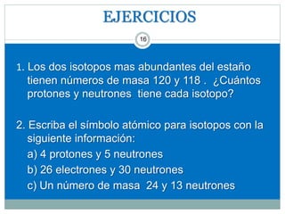 EJERCICIOS
16
1. Los dos isotopos mas abundantes del estaño
tienen números de masa 120 y 118 . ¿Cuántos
protones y neutrones tiene cada isotopo?
2. Escriba el símbolo atómico para isotopos con la
siguiente información:
a) 4 protones y 5 neutrones
b) 26 electrones y 30 neutrones
c) Un número de masa 24 y 13 neutrones
 