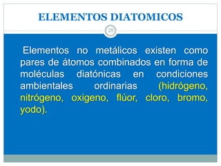 ELEMENTOS DIATOMICOS
25
Elementos no metálicos existen como
pares de átomos combinados en forma de
moléculas diatónicas en condiciones
ambientales ordinarias (hidrógeno,
nitrógeno, oxigeno, flúor, cloro, bromo,
yodo).
 