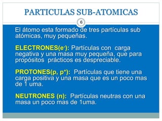 PARTICULAS SUB-ATOMICAS
6
El átomo esta formado de tres partículas sub
atómicas, muy pequeñas.
ELECTRONES(e-): Partículas con carga
negativa y una masa muy pequeña, que para
propósitos prácticos es despreciable.
PROTONES(p, p+): Partículas que tiene una
carga positiva y una masa que es un poco mas
de 1 uma.
NEUTRONES (n): Partículas neutras con una
masa un poco mas de 1uma.
 