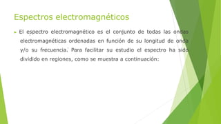 Espectros electromagnéticos
▶ El espectro electromagnético es el conjunto de todas las ondas
electromagnéticas ordenadas en función de su longitud de onda
y/o su frecuencia. Para facilitar su estudio el espectro ha sido
dividido en regiones, como se muestra a continuación:
 
