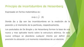 Principio de incertidumbre de Heisenberg
Expresado en forma matemática es:
Δ𝑥Δ𝑝 ≥
ℎ
4
(9)
Donde Δx y Δp son las incertidumbres en la medición de la
posición y el momento de la partícula, respectivamente.
Los postulados de De Broglie y de Heisenberg forman la base de una
nueva y mas aplicable teoría sobre la estructura atómica. En este
nuevo enfoque se abandona cualquier intento por definir con
precisión la ubicación y el momento instantáneo de un electrón.
 