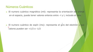 Números Cuánticos
▶ El numero cuántico magnético (ml): representa la orientación del orbital
en el espacio, puede tener valores enteros entre –l y l, incluido el cero
▶ El numero cuántico de espín (ms): representa el giro del electrón y sus
valores pueden ser +1/2 o -1/2
 
