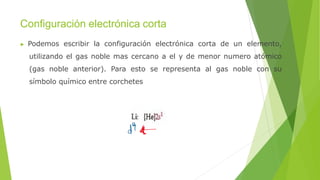 Configuración electrónica corta
▶ Podemos escribir la configuración electrónica corta de un elemento,
utilizando el gas noble mas cercano a el y de menor numero atómico
(gas noble anterior). Para esto se representa al gas noble con su
símbolo químico entre corchetes
 