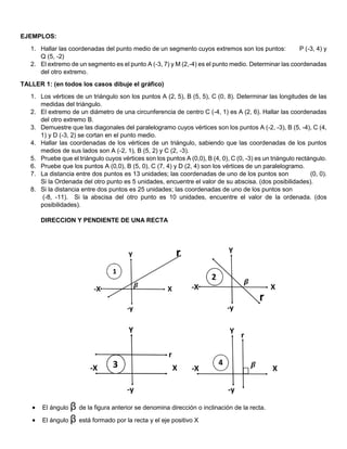 EJEMPLOS:
1. Hallar las coordenadas del punto medio de un segmento cuyos extremos son los puntos: P (-3, 4) y
Q (5, -2)
2. El extremo de un segmento es el punto A (-3, 7) y M (2,-4) es el punto medio. Determinar las coordenadas
del otro extremo.
TALLER 1: (en todos los casos dibuje el gráfico)
1. Los vértices de un triángulo son los puntos A (2, 5), B (5, 5), C (0, 8). Determinar las longitudes de las
medidas del triángulo.
2. El extremo de un diámetro de una circunferencia de centro C (-4, 1) es A (2, 6). Hallar las coordenadas
del otro extremo B.
3. Demuestre que las diagonales del paralelogramo cuyos vértices son los puntos A (-2, -3), B (5, -4), C (4,
1) y D (-3, 2) se cortan en el punto medio.
4. Hallar las coordenadas de los vértices de un triángulo, sabiendo que las coordenadas de los puntos
medios de sus lados son A (-2, 1), B (5, 2) y C (2, -3).
5. Pruebe que el triángulo cuyos vértices son los puntos A (0,0), B (4, 0), C (0, -3) es un triángulo rectángulo.
6. Pruebe que los puntos A (0,0), B (5, 0), C (7, 4) y D (2, 4) son los vértices de un paralelogramo.
7. La distancia entre dos puntos es 13 unidades; las coordenadas de uno de los puntos son (0, 0).
Si la Ordenada del otro punto es 5 unidades, encuentre el valor de su abscisa. (dos posibilidades).
8. Si la distancia entre dos puntos es 25 unidades; las coordenadas de uno de los puntos son
(-8, -11). Si la abscisa del otro punto es 10 unidades, encuentre el valor de la ordenada. (dos
posibilidades).
DIRECCION Y PENDIENTE DE UNA RECTA
 El ángulo β de la figura anterior se denomina dirección o inclinación de la recta.
 El ángulo β está formado por la recta y el eje positivo X
 
