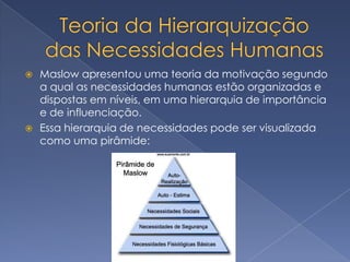  Maslow apresentou uma teoria da motivação segundo
  a qual as necessidades humanas estão organizadas e
  dispostas em níveis, em uma hierarquia de importância
  e de influenciação.
 Essa hierarquia de necessidades pode ser visualizada
  como uma pirâmide:
 