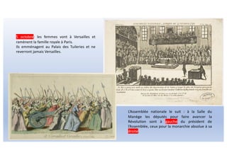 5 octobre: les femmes vont à Versailles et
ramènent la famille royale à Paris.
Ils emménagent au Palais des Tuileries et ne
reverront jamais Versailles.
L’Assemblée nationale le suit : à la Salle du
Manège les députés pour faire avancer la
Révolution sont à gauche du président de
l’Assemblée, ceux pour la monarchie absolue à sa
droite.
 