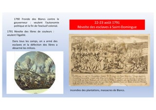 1790 Fronde des Blancs contre le
gouverneur : veulent l’autonomie
politique et la fin de l’exclusif colonial.
1791 Révolte des libres de couleurs :
veulent l’égalité.
Dans tous les camps, on a armé des
esclaves et la défection des libres a
désarmé les milices.
22-23 août 1791
Révolte des esclaves à Saint-Domingue
incendies des plantations, massacres de Blancs.
 
