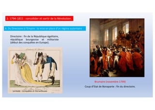 3. 1794-1815 : consolider et sortir de la Révolution.
A. Du Directoire à l’Empire : la mise en place d’un régime autoritaire
Directoire : fin de la République égalitaire,
république bourgeoise et militariste
(début des conquêtes en Europe).
La mode : incroyables et merveilleuses
Brumaire (novembre 1799)
Coup d’Etat de Bonaparte : fin du directoire.
 