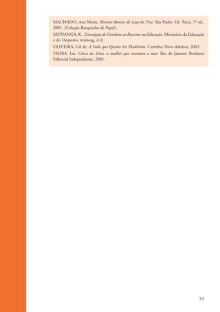 MACHADO, Ana Maria, Menina Bonita do Laço de Fita. São Paulo: Ed. Ática, 7º ed.,
                    2001. (Coleção Barquinho de Papel).
                    MUNANGA, K. Estratégias de Combate ao Racismo na Educação. Ministério da Educação
                    e do Desporto, mimeog, s/ d.
                    OLIVEIRA, Gil de. A Fada que Queria Ser Madrinha. Curitiba: Nova didática, 2002.
                    VlEIRA. Lia. Chica da Silva, a mulher que inventou o mar. Rio de Janeiro: Produtor
                    Editorial Independente, 2001.




                                                                                                   53


kit3_mod1.indd 53                                                                                  3/9/07 8:04:50 AM
 