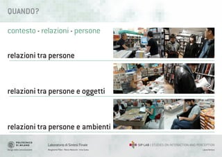 Design della Comunicazione Margherita Pillan - Marco Maiocchi - Irina Suteu
Laboratorio di Sintesi Finale
Laura Varisco
relazioni tra persone
relazioni tra persone e oggetti
relazioni tra persone e ambienti
contesto - relazioni - persone
QUANDO?
 