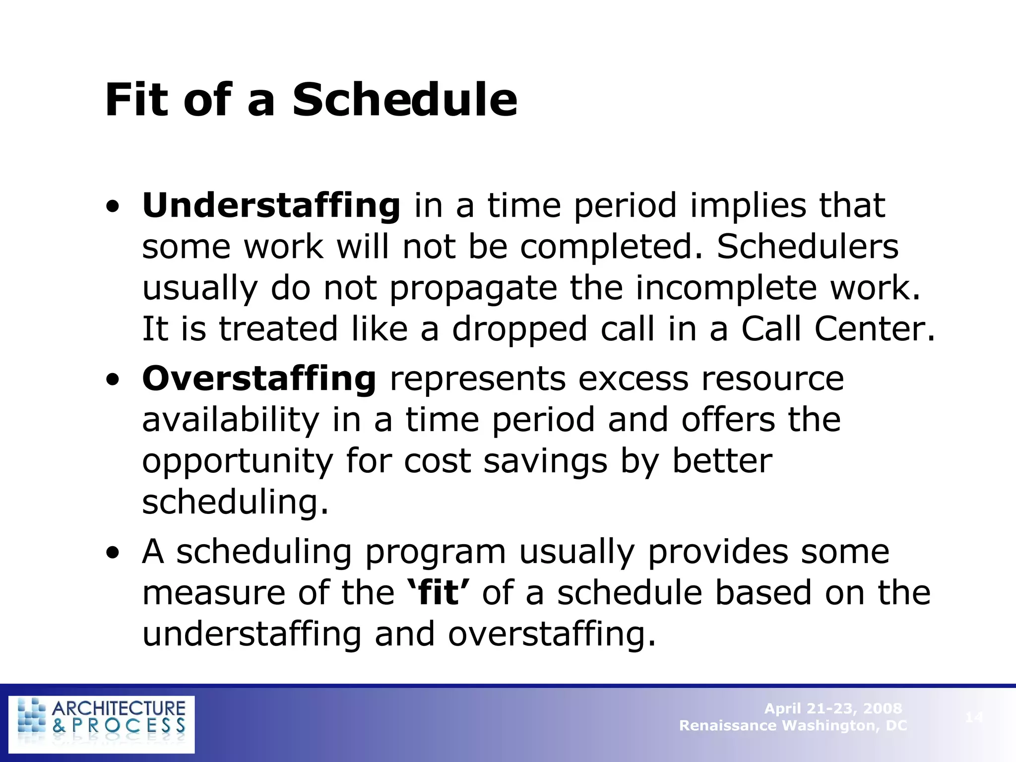 Fit of a Schedule Understaffing  in a time period implies that some work will not be completed. Schedulers usually do not propagate the incomplete work. It is treated like a dropped call in a Call Center.  Overstaffing  represents excess resource availability in a time period and offers the opportunity for cost savings by better scheduling.  A scheduling program usually provides some measure of the  ‘fit’  of a schedule based on the understaffing and overstaffing.   