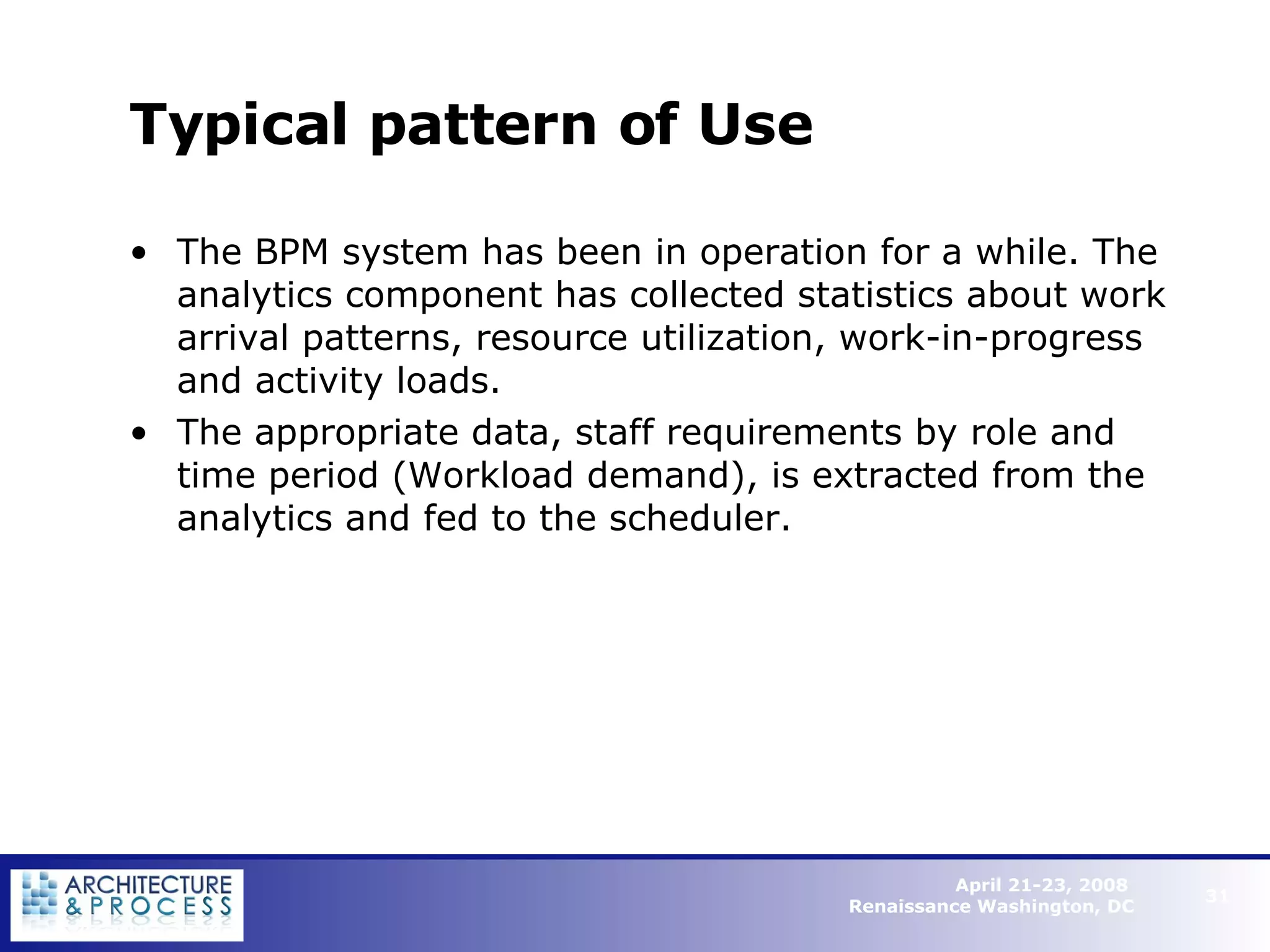 Typical pattern of Use The BPM system has been in operation for a while. The analytics component has collected statistics about work arrival patterns, resource utilization, work-in-progress and activity loads. The appropriate data, staff requirements by role and time period (Workload demand), is extracted from the analytics and fed to the scheduler.   