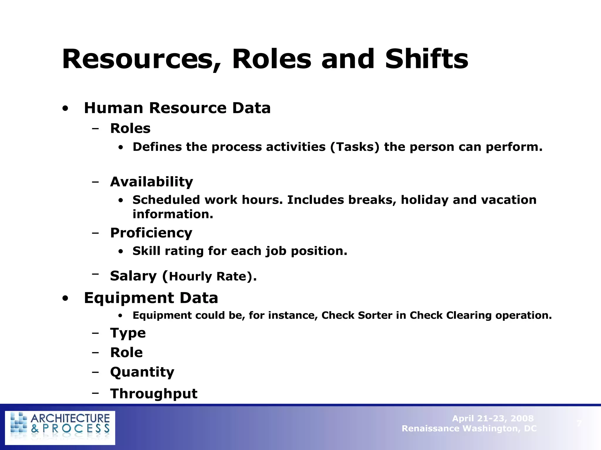 Resources, Roles and Shifts Human Resource Data Roles Defines the process activities (Tasks) the person can perform. Availability Scheduled work hours. Includes breaks, holiday and vacation information. Proficiency Skill rating for each job position. Salary ( Hourly Rate). Equipment Data Equipment could be, for instance, Check Sorter in Check Clearing operation. Type Role Quantity Throughput     