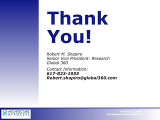 Thank  You! Robert M. Shapiro Senior Vice President: Research Global 360 Contact Information: 617-823-1055 [email_address]   