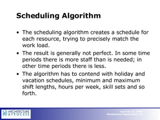 Scheduling Algorithm The scheduling algorithm creates a schedule for each resource, trying to precisely match the work load.  The result is generally not perfect. In some time periods there is more staff than is needed; in other time periods there is less.  The algorithm has to contend with holiday and vacation schedules, minimum and maximum shift lengths, hours per week, skill sets and so forth.   